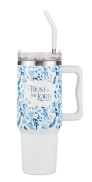 Mostrar detalles de Vaso de viaje de acero inoxidable de 40 oz con pajita de Blue Botany - Proverbios 3:5 Imagen de Vaso de viaje de acero inoxidable de 40 oz con pajita de Blue Botany - Proverbios 3:5