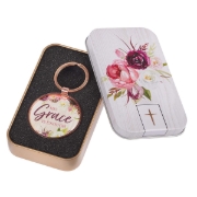Imagen de His Grace is Enough Keyring in a Tin in Pink Plum - 2 Corinthians 12:9