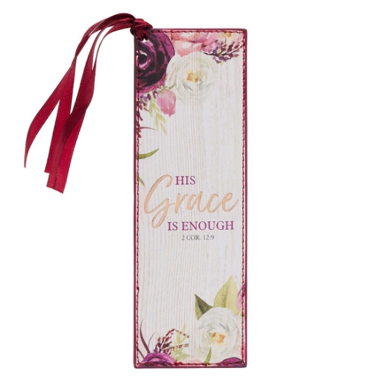 Imagen de His Grace is Enough Faux Leather Bookmark in Pink Plums - 2 Corinthians 12:9