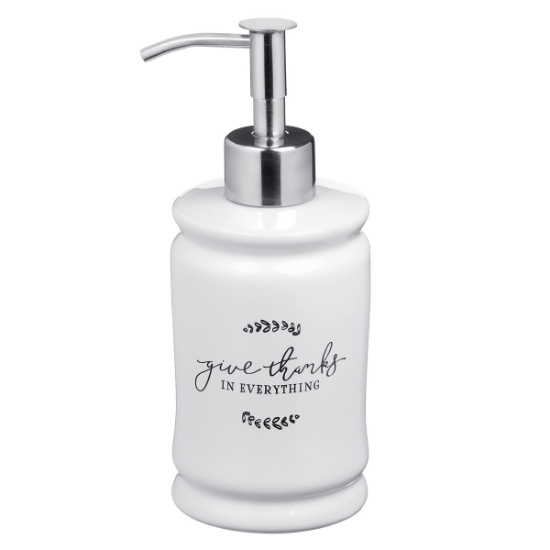 Imagen de Give Thanks in Everything Ceramic Soap Dispenser in White - 1 Thessalonians 5:18