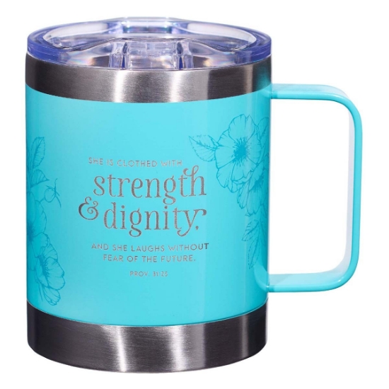 Imagen de Strength & Dignity Teal Camp Style Stainless Steel Mug - Proverbs 31:25