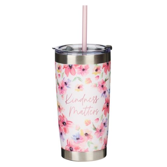 Imagen de Kindness Matters Pink Cosmos Stainless Steel Travel Mug with Reusable Straw