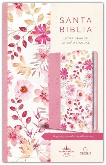 Imagen de Biblia Reina Valera 1960 letra grande. Piel rosada con flores, tamaño manual