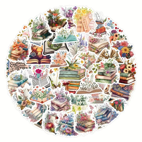 Imagen de Stickers - 60 unidades de libros y flores