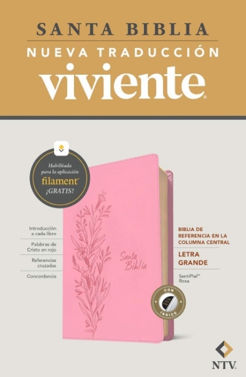 Imagen de Biblia de referencia en la columna central NTV, letra grande 9.5, con Filament (SentiPiel, Rosa, Índice, Letra Roja)