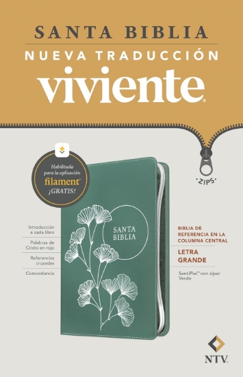 Imagen de Biblia de referencia en la columna central NTV, letra grande 9.5, zíper con Filament (SentiPiel, Verde, Letra Roja)