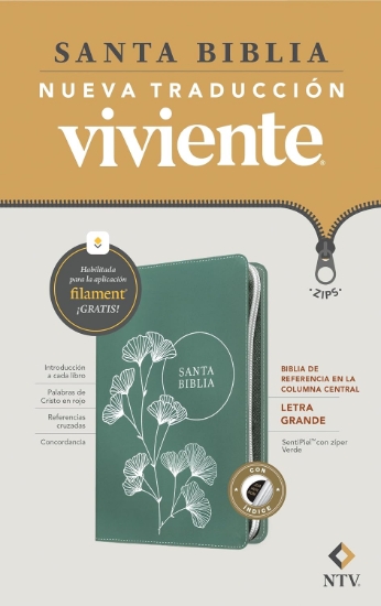Imagen de Biblia de referencia en la columna central NTV, letra grande 9.5, zíper con Filament (SentiPiel, Verde, Índice, Letra Roja)