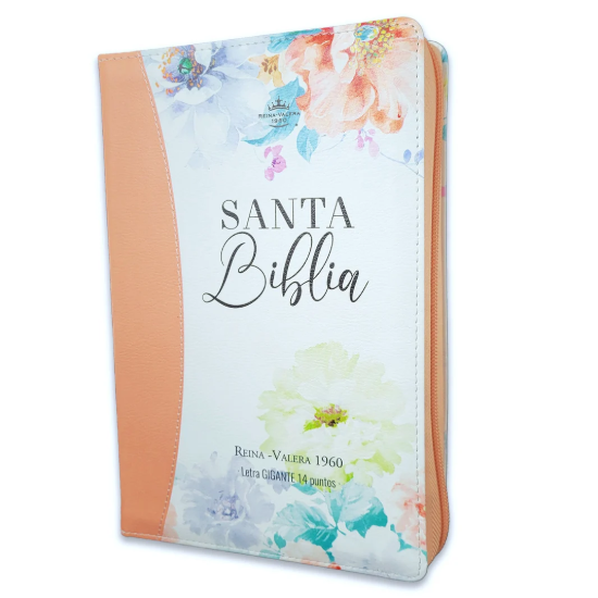 Imagen de Biblia RVR60 tamaño manual letra Gigante jardín coral. Con cierre/índice y canto pintado
