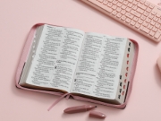 Imagen de Biblia RVR60 Letra Súper Gigante, piel Café, Rosa Mariposas con cierre, índice