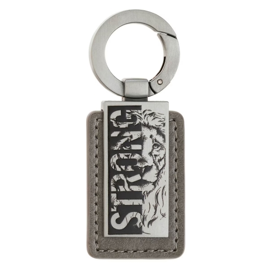 Imagen de Strong Lion Gray Faux Leather and Silver Metal Keychain - Joshua 1:9