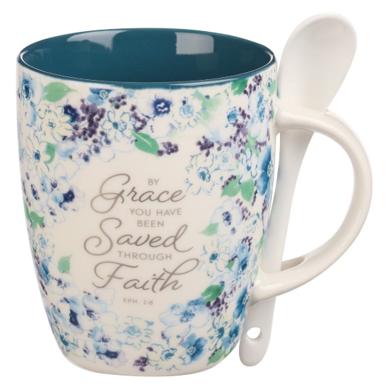 Imagen de Saved by Grace Blue Floral Ceramic Coffee Mug with Spoon - Ephesians 2:8